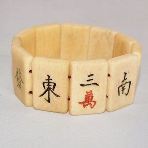 Vintage Carved Bone Mahjong Tile Bracelet